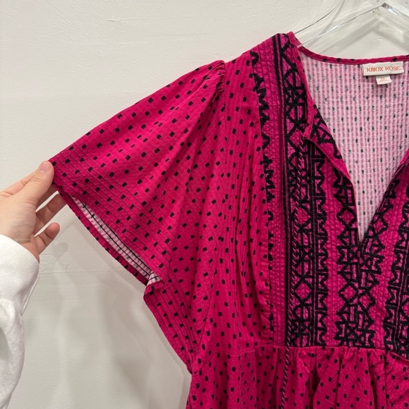 Knox Rose V Neck Tie Collar Front Flutter Sleeve Top Short Sleeve XXL Raspberry - Picture 3 of 6